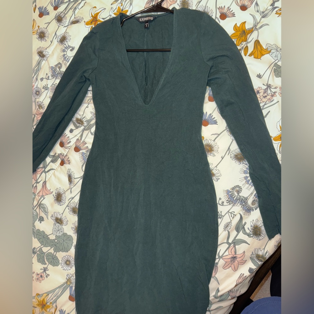 Express Deep Green Long Sleeve V-Neck Bodycon Dress